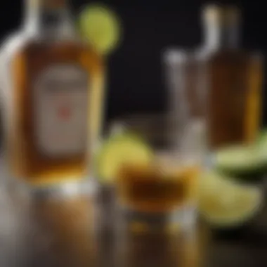 Golden Tequila Experience An elegant shot glass filled with golden tequila, reflecting light, placed next to a slice of lime and a sprinkle of salt.