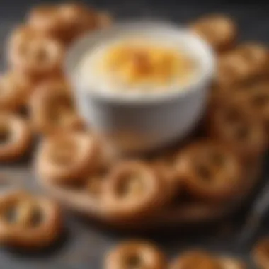 Indulgent Cheese Dip Paired with Soft Pretzels Close-up of a creamy cheese dip with soft pretzels.