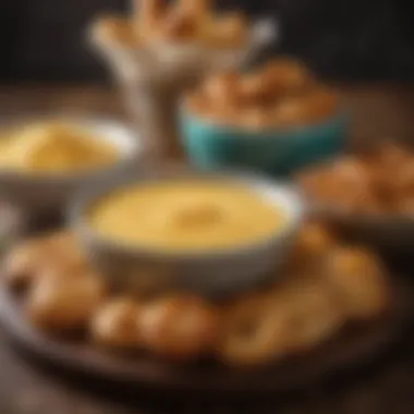 Zesty Spicy Mustard Dip and Pretzel Bites A vibrant, spicy mustard dip with pretzel bites.