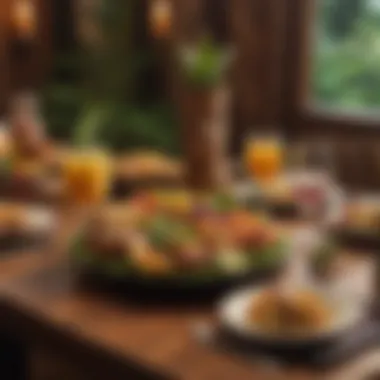 Themed Tiki Table Setting Colorful tiki-themed table setting featuring exotic dishes