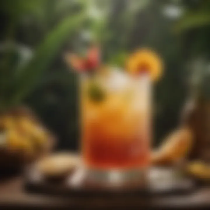 Exquisite tiki cocktail garnished with tropical fruits and herbs