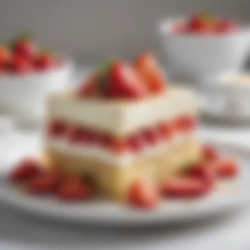 A decadent slice of Tres Leches cake topped with fresh strawberries