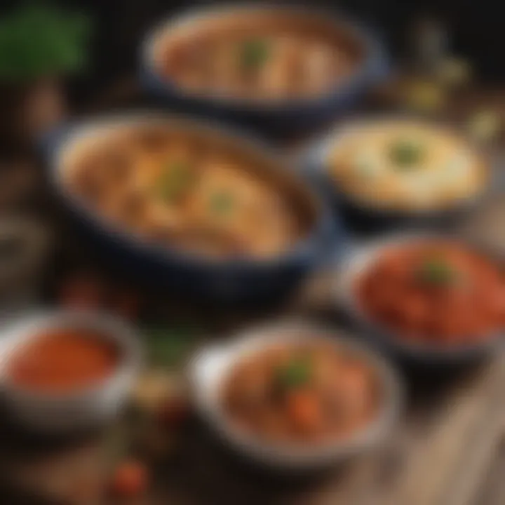 An assortment of traditional Turkish casserole dishes displayed elegantly on a rustic wooden table.