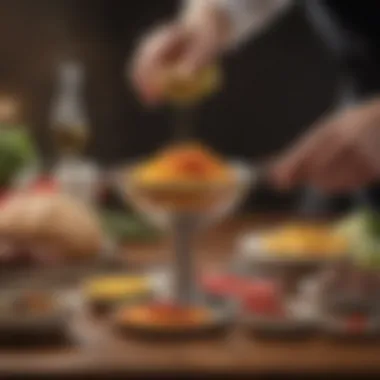 Stylish presentation of dishes using food separators in a gourmet setting.