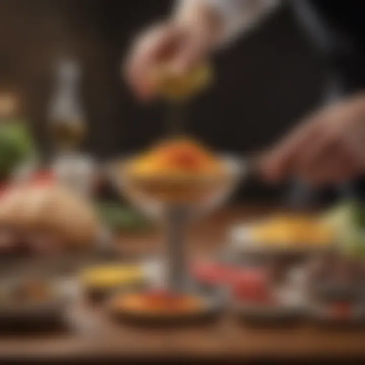 Stylish presentation of dishes using food separators in a gourmet setting.