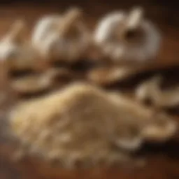 Dried garlic cloves and powder on a wooden table