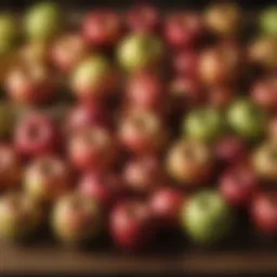 Various cooking apple varieties displayed on a wooden table