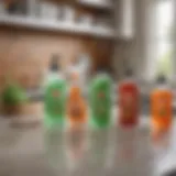 A variety of eco-friendly cleaning liquids arranged on a kitchen counter