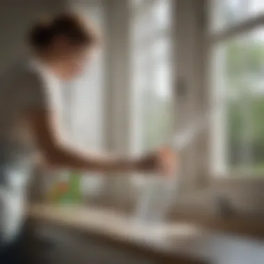 A person using a spray bottle to clean a window with a cloth