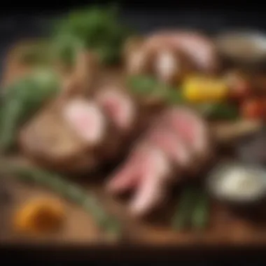 Seasoning options laid out for rack of lamb, including fresh herbs and spices