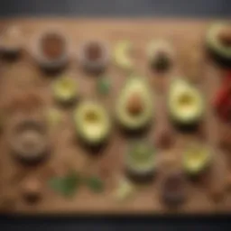 Avocado and nuts arranged beautifully on a wooden board