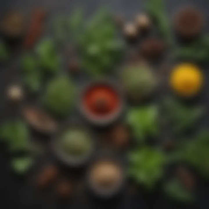 A close-up of fresh herbs and spices for flavor enhancement