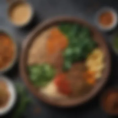 Nourishing Vegan Meal Composition A beautifully arranged vegan meal with grains, legumes, and greens