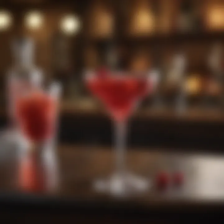 An elegant cocktail garnished with a maraschino cherry, set against a dimly lit bar