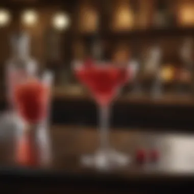 Elegant Cocktail with Maraschino Cherry Garnish An elegant cocktail garnished with a maraschino cherry, set against a dimly lit bar