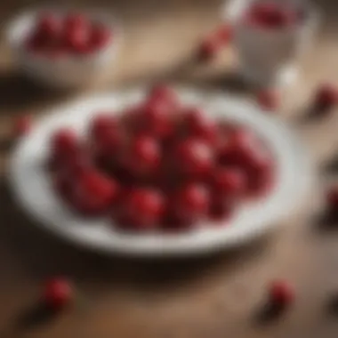 A close-up of maraschino cherries on a dessert plate, highlighting their glossy finish