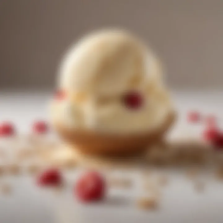 Close-up of a scoop of vanilla ice cream with unique toppings