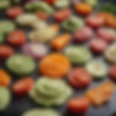 Close-up of vegetable slices made with a slicer