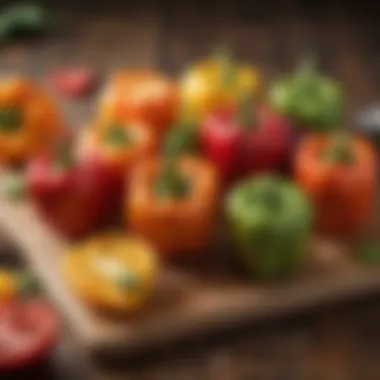 Sliced bell peppers of various colors on a cutting board