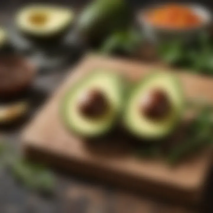 Avocado on a wooden board with sprigs of herbs