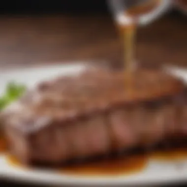 Close-up of a marinated steak with whiskey-based glaze.