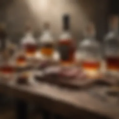An assortment of whiskey types displayed on a rustic table.