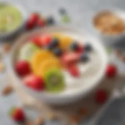 A bowl of creamy yogurt topped with fresh fruits and nuts